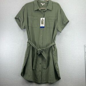 Weatherproof Vintage Gauze Dress Sz L Green Button Front Belted Short Sleeve NWT